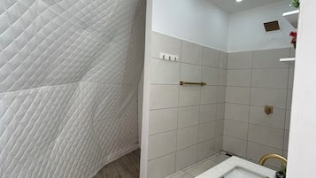 Shower, towels, soap, toilet paper