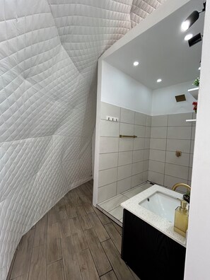 Shower, towels, soap, toilet paper