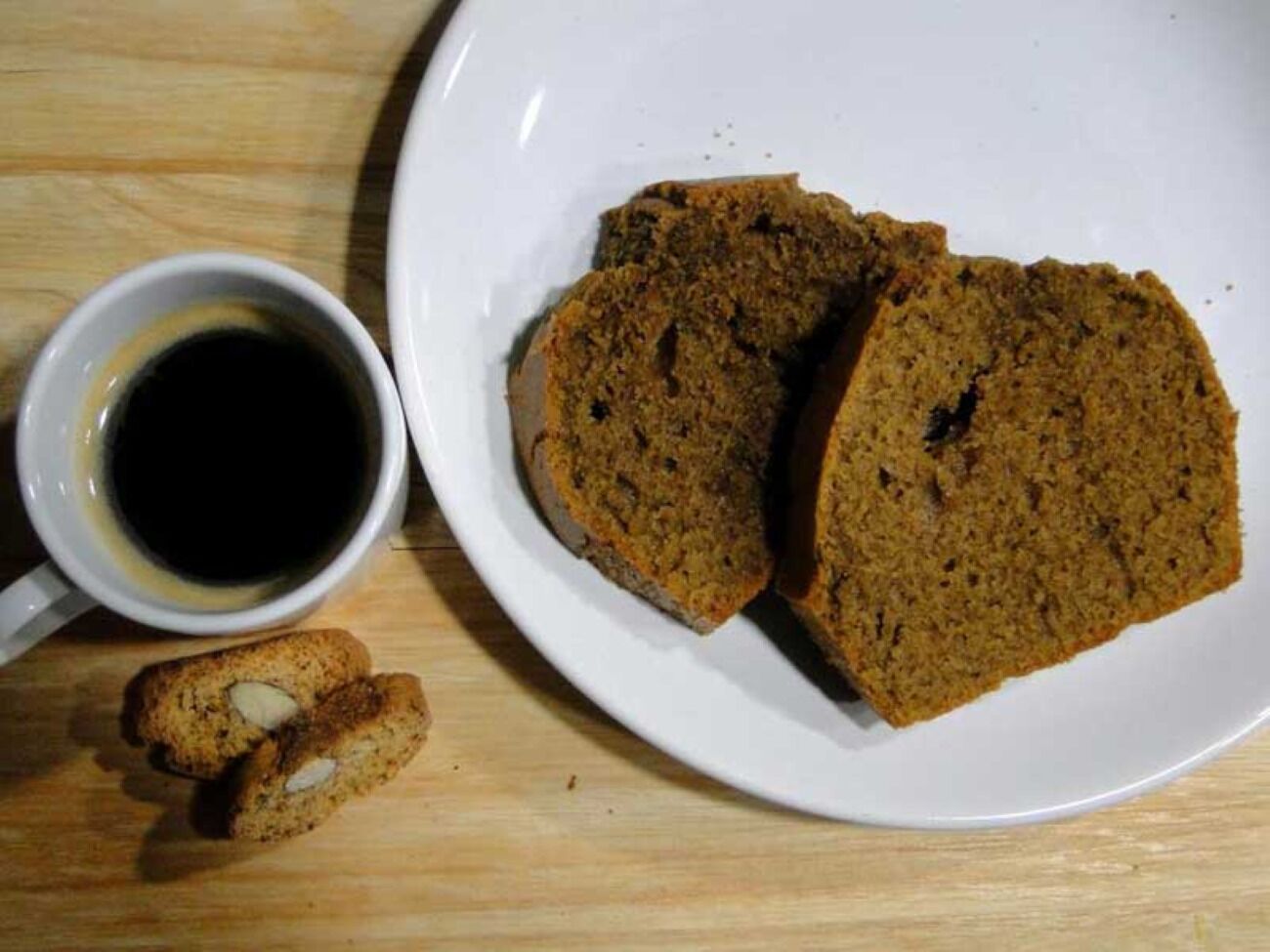 A plate with slices of bread and a cup of coffee on a wooden table.