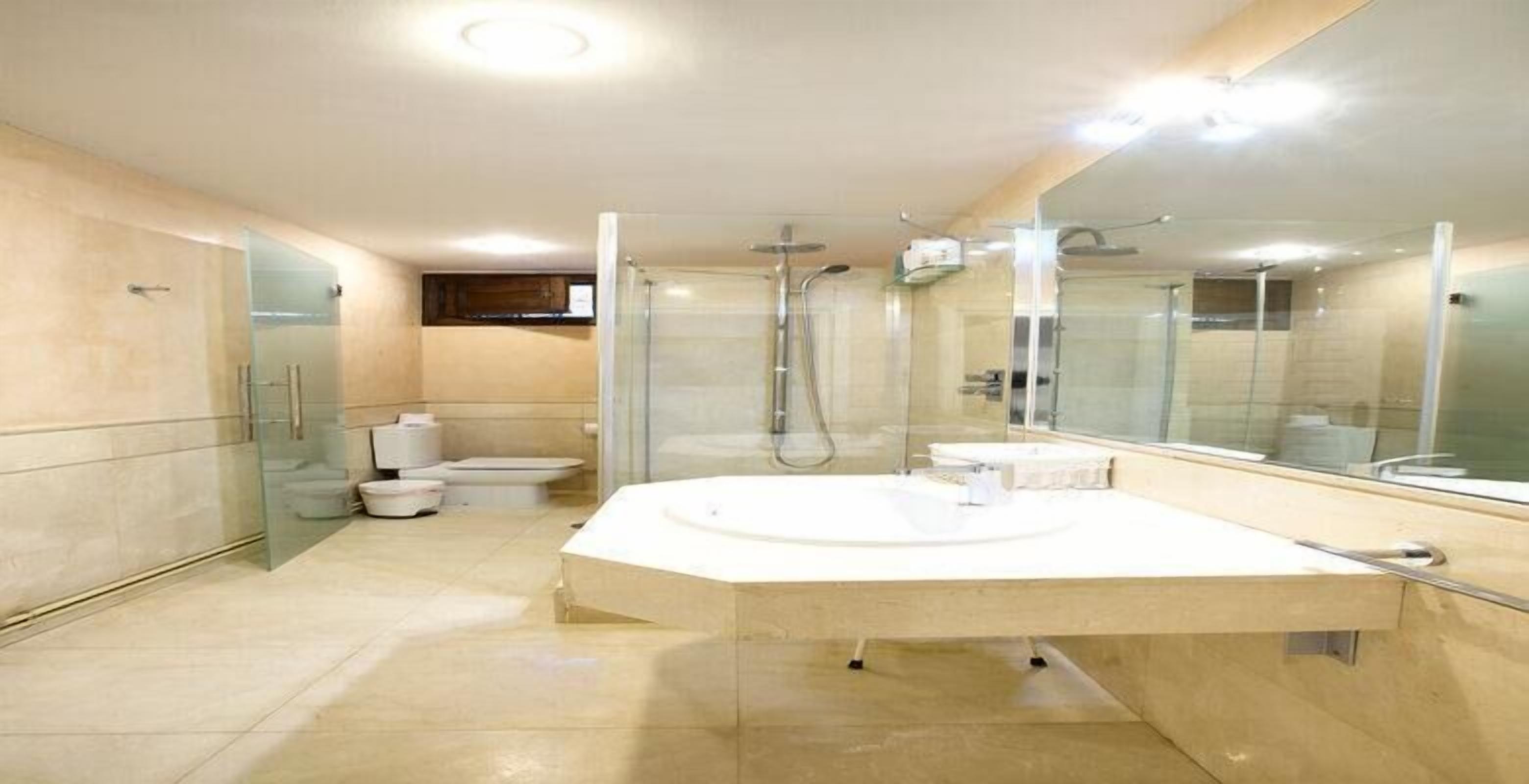 A modern bathroom with a large mirror, a freestanding bathtub, and a toilet.