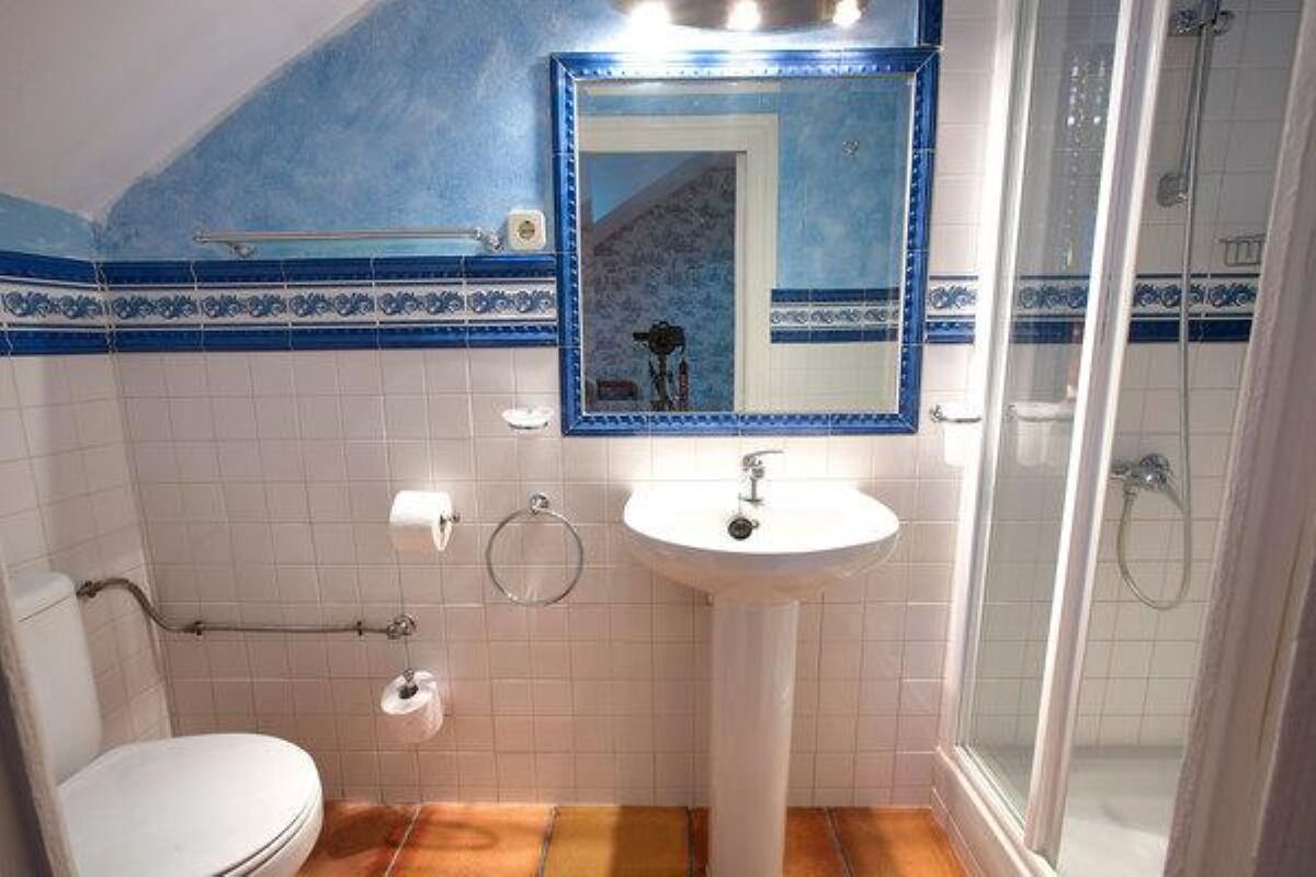 Baño con inodoro blanco, lavamanos y ducha.