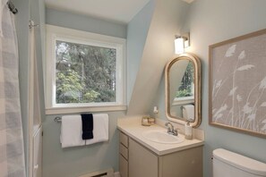 Hair dryer, towels, shampoo, toilet paper