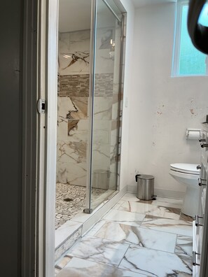 Shower, hair dryer, towels, soap