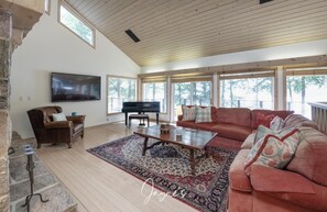 Smart TV, fireplace, books
