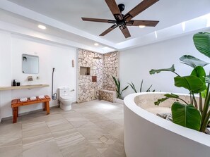 Shower, jetted tub, hair dryer, towels