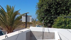 Una azotea con una escalera, un muro blanco y una planta de palmera.