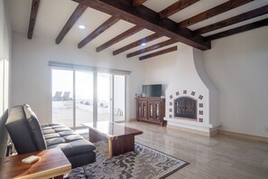 Smart TV, fireplace, books