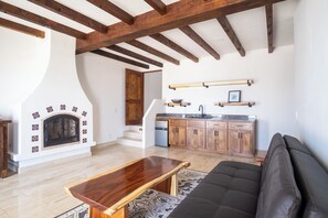 Smart TV, fireplace, books