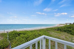 A coastal view with a beach, ocean, and greenery.