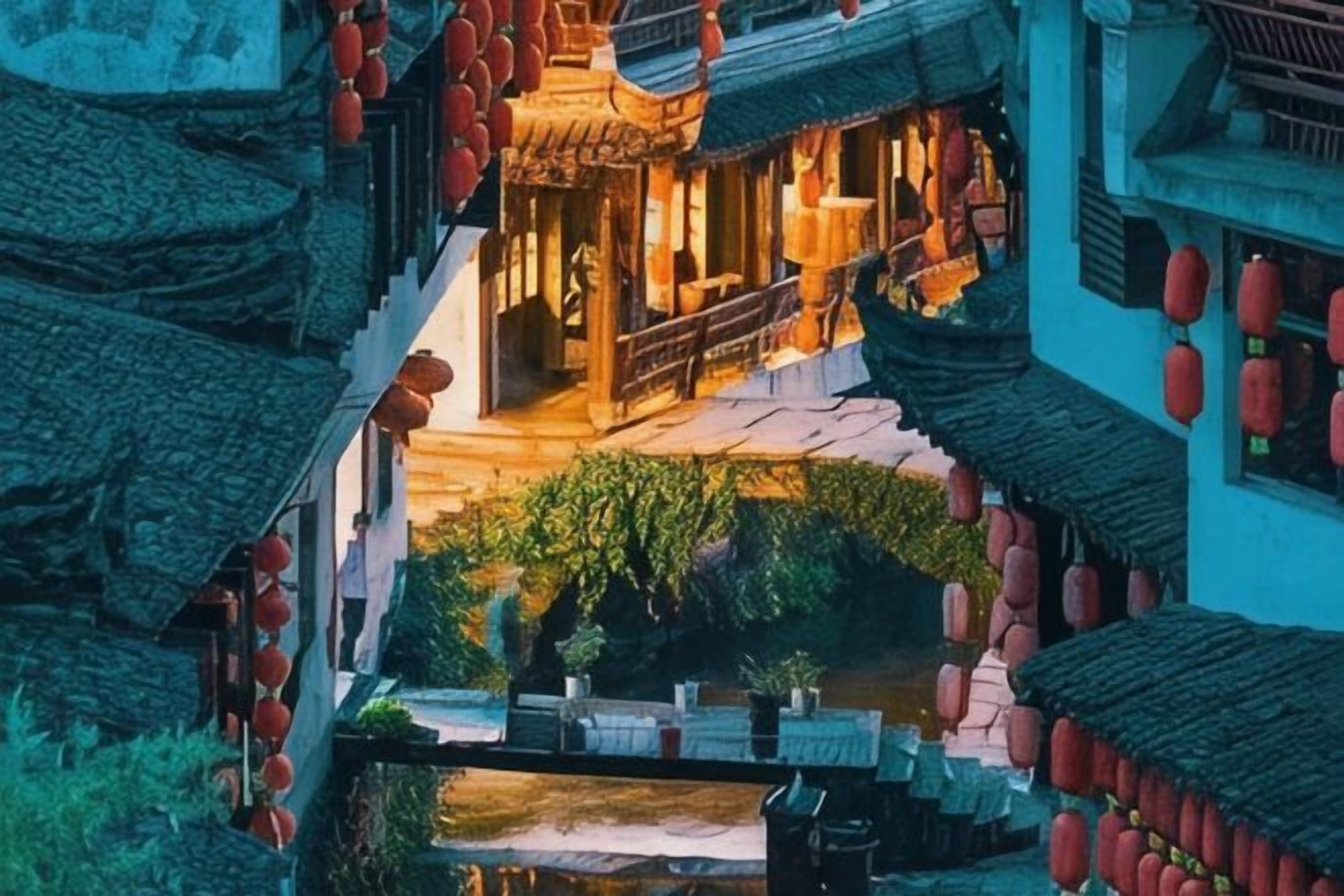 A traditional courtyard with a water feature, stone steps, and red lanterns.