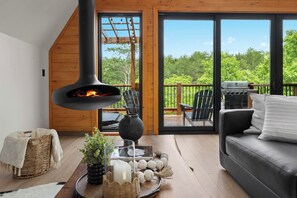 Smart TV, chimenea y libros