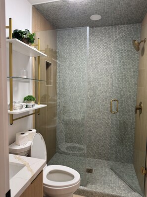 Shower, hair dryer, towels, soap