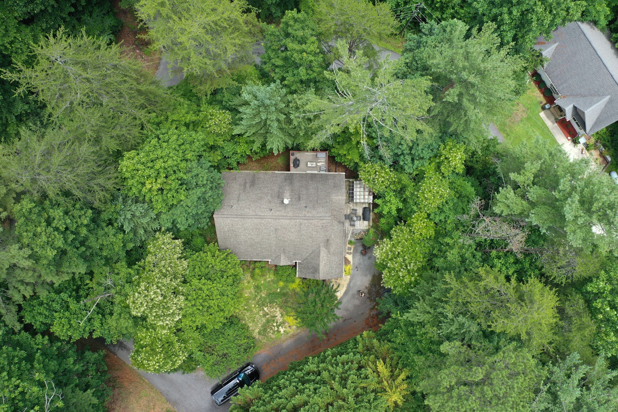 Une vue aérienne d’une maison entourée d’arbres denses, avec une allée et un véhicule visibles.