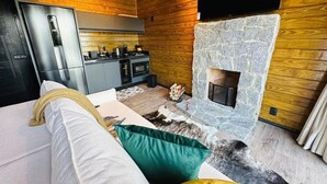 Un intérieur moderne avec une cheminée en pierre, des murs en bois, un canapé et un coin cuisine.