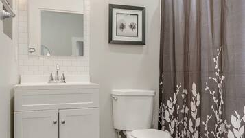 Hair dryer, towels, soap, shampoo