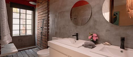 Shower, hair dryer, bidet, towels