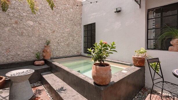 A courtyard with a stone wall, a small pool, terracotta pots, and a metal chair. - Casa Perro Verde very close to Paseo de Montejo (Mérida)