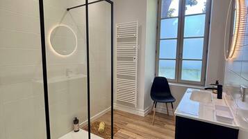Shower, hair dryer, towels