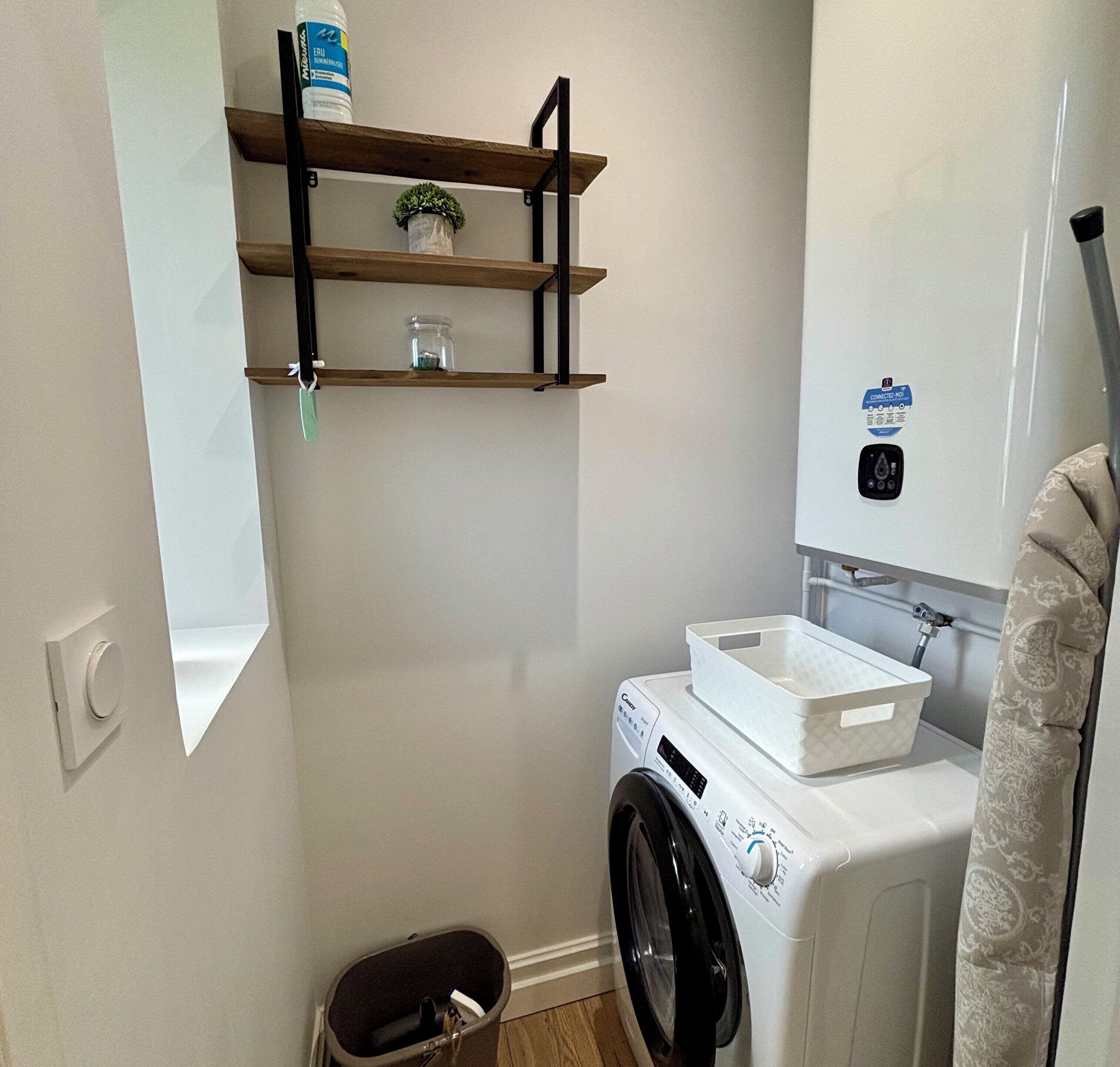 A compact laundry room with a washing machine, a small shelf with a plant, and a connected-motor dryer.