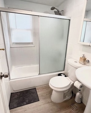 Hair dryer, towels, soap, toilet paper