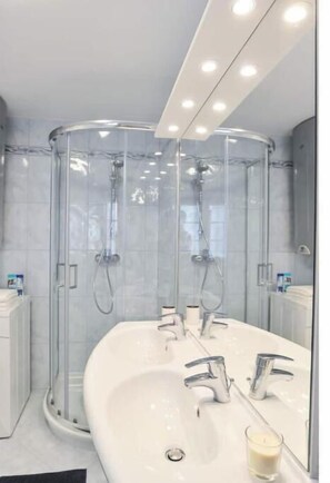 Hair dryer, towels, soap, toilet paper