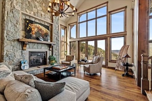 TV, fireplace, books, stereo