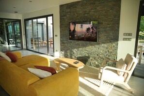 TV, fireplace, books, stereo