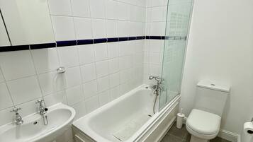 Hair dryer, towels, soap, toilet paper