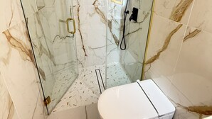 Et moderne badeværelse med en brusekabine i glas, et hvidt toilet og en lille skraldespand.
