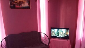 Una sala de estar con sofá, televisor sobre un mueble bajo, cortinas rosadas y un cuadro en la pared.