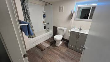 Hair dryer, towels, soap, shampoo
