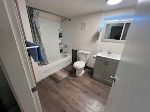 Hair dryer, towels, soap, toilet paper