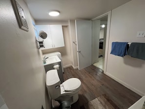 Hair dryer, towels, soap, toilet paper