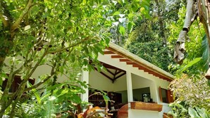 A house with a porch, surrounded by dense greenery. - FINCA ARDILLA (Cahuita)