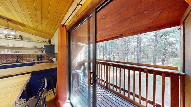 Una cocina moderna con muebles de madera y un ventanal con vistas a un bosque.
