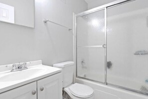 Hair dryer, towels, soap, toilet paper
