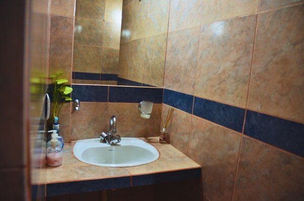 Un baño con lavamanos, espejo y artículos de aseo.