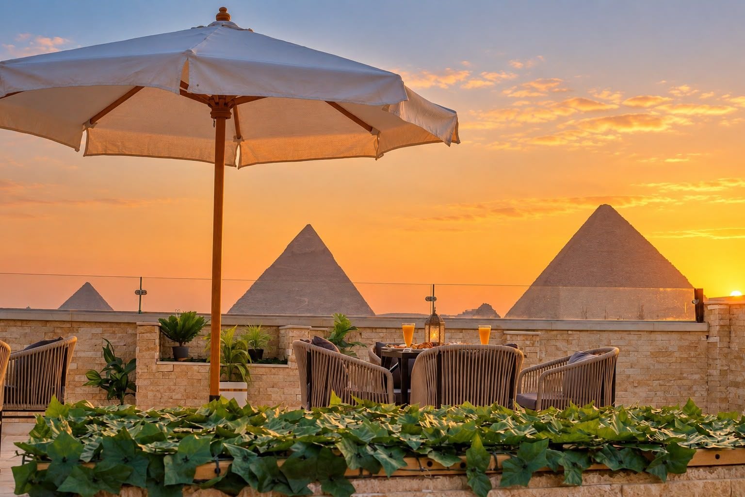 Ein Essbereich mit Korbstühlen und einem Tisch, vor einer Pyramidenlandschaft bei Sonnenuntergang.