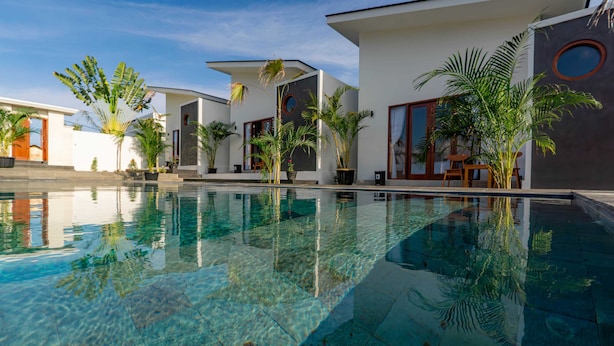 A modern pool area with clear water, surrounded by potted plants and contemporary architecture. - Theodosia Villa (Kutuh)