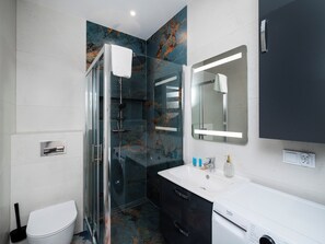 Shower, hair dryer, towels
