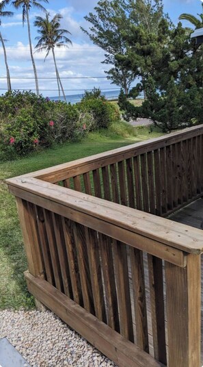 Une terrasse en bois, dotée d’une rambarde, surplombe une zone herbeuse parsemée d’arbres et offre une vue sur l’océan.