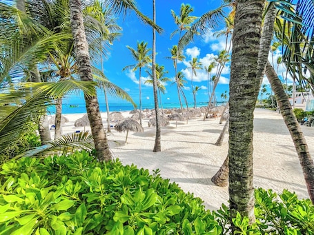 靠近海滩、白沙、沙滩椅、海滩遮阳伞