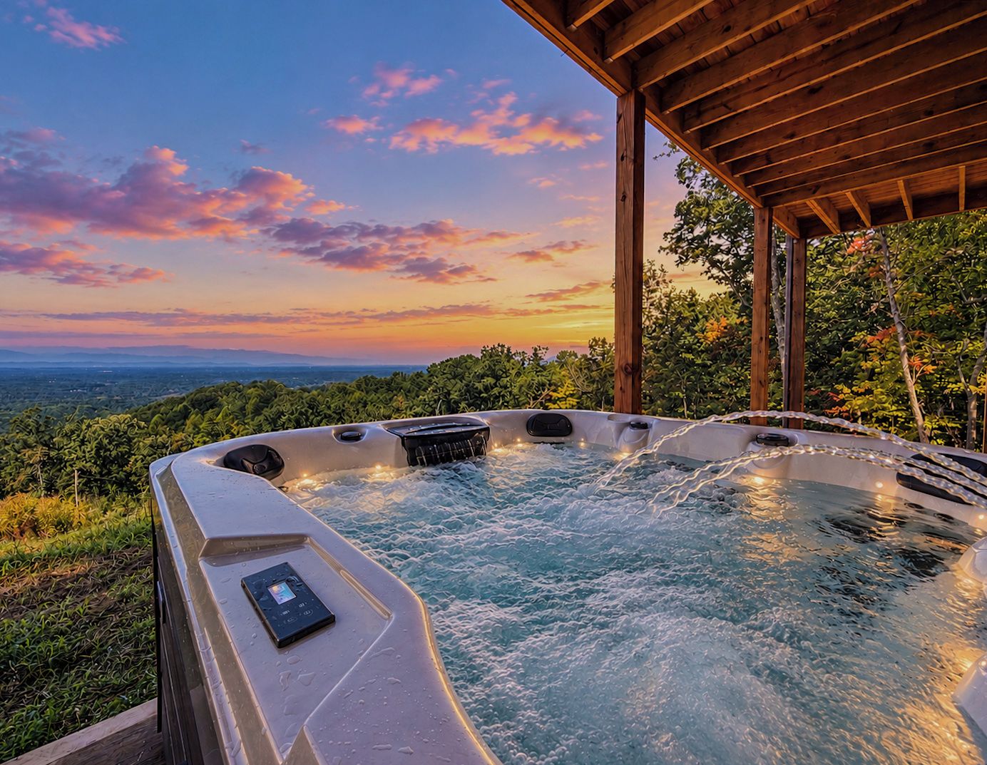 Ein Whirlpool mit Bedienfeld, umgeben von üppigem Grün und einer hölzernen Pergola.