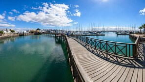 A wooden pier extending into a marina with boats docked.