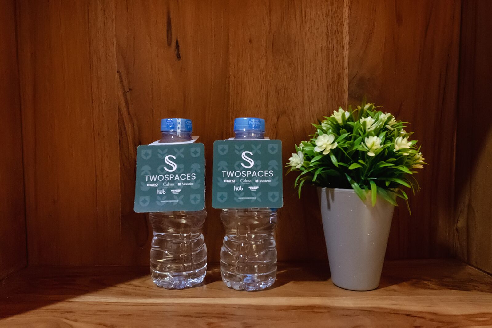 Two water bottles with 'TWOSPACES' labels and a potted plant on a wooden shelf.