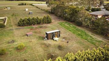 A rural property with a small cabin, open fields, and scattered trees.