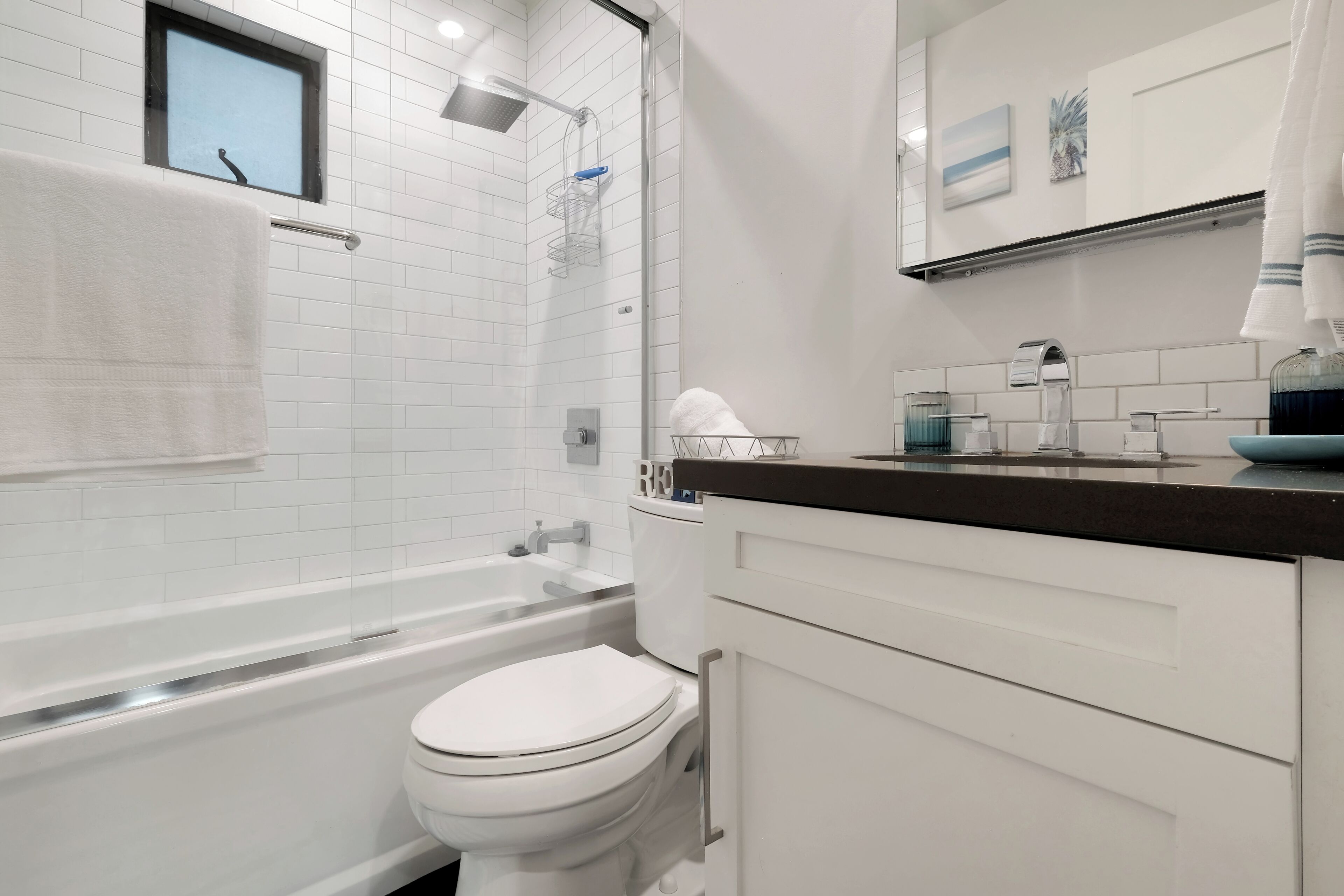 Hair dryer, towels, soap, toilet paper