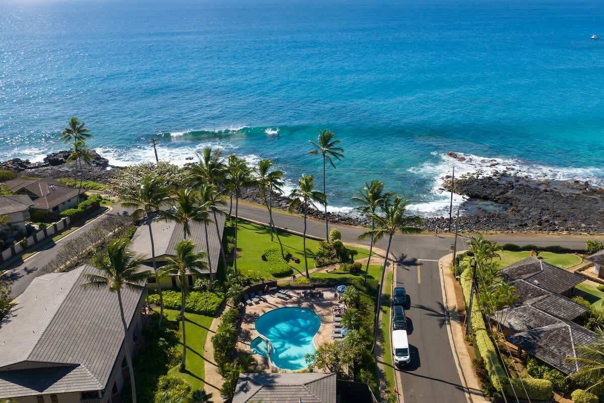 An aerial view of a coastal property with a swimming pool surrounded by palm trees, a road, and ocean views.