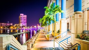 A nighttime view of a waterfront promenade with a row of palm trees, a canal, and a building with blue columns.