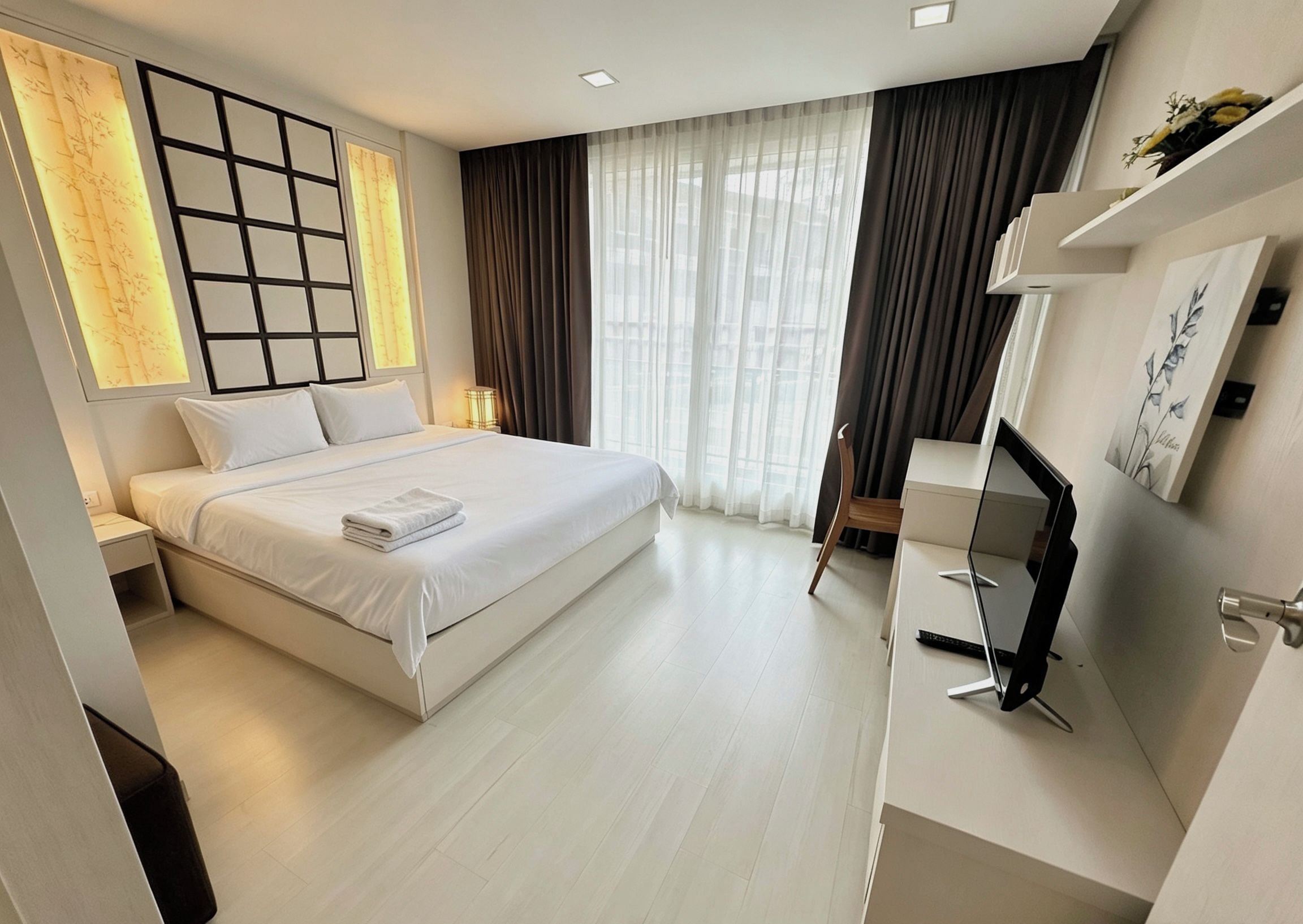 Une chambre d’hôtel moderne avec un grand lit, un bureau équipé d’un ordinateur et une grande fenêtre avec des rideaux.